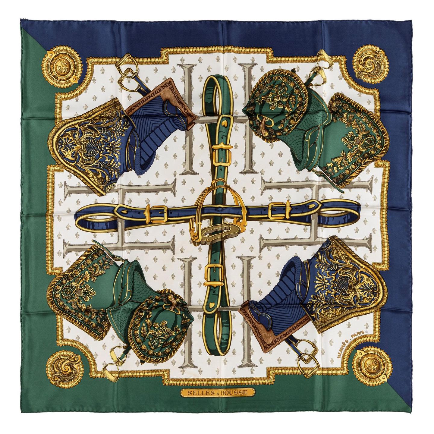 エルメス スカーフ「鞍」blue / green バリエーション